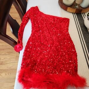 Red sequin dress with feathers